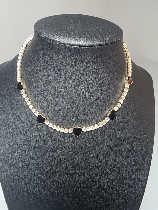 Jewelry - Gold Crystal Heart Choker Necklace with Black Heart Accents